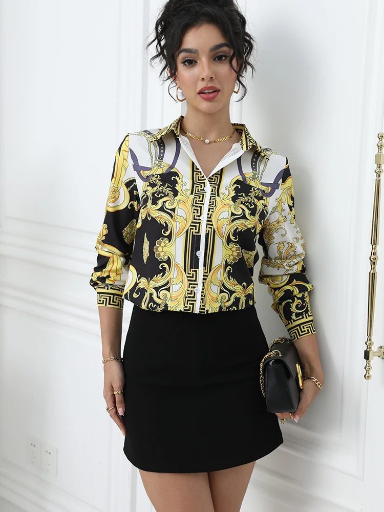 Women’s Printed Office Blouse | Button-Up Shirt