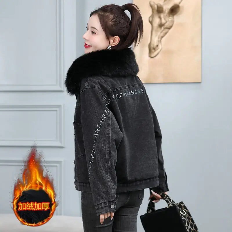 Women’s Denim Winter Jacket 2025 | Warm Fur Patchwork Cowgirl Coat