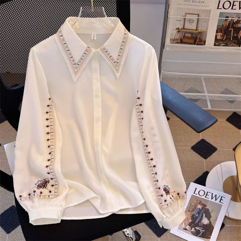 Women’s Floral Embroidered Blouse | Elegant Chiffon Shirt