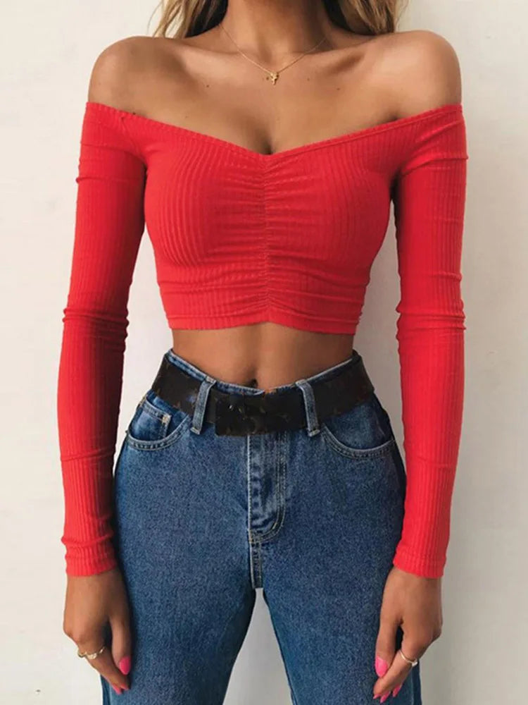 Women’s Off-Shoulder Long Sleeve Crop Top – Slim Fit Solid Color T-Shirt