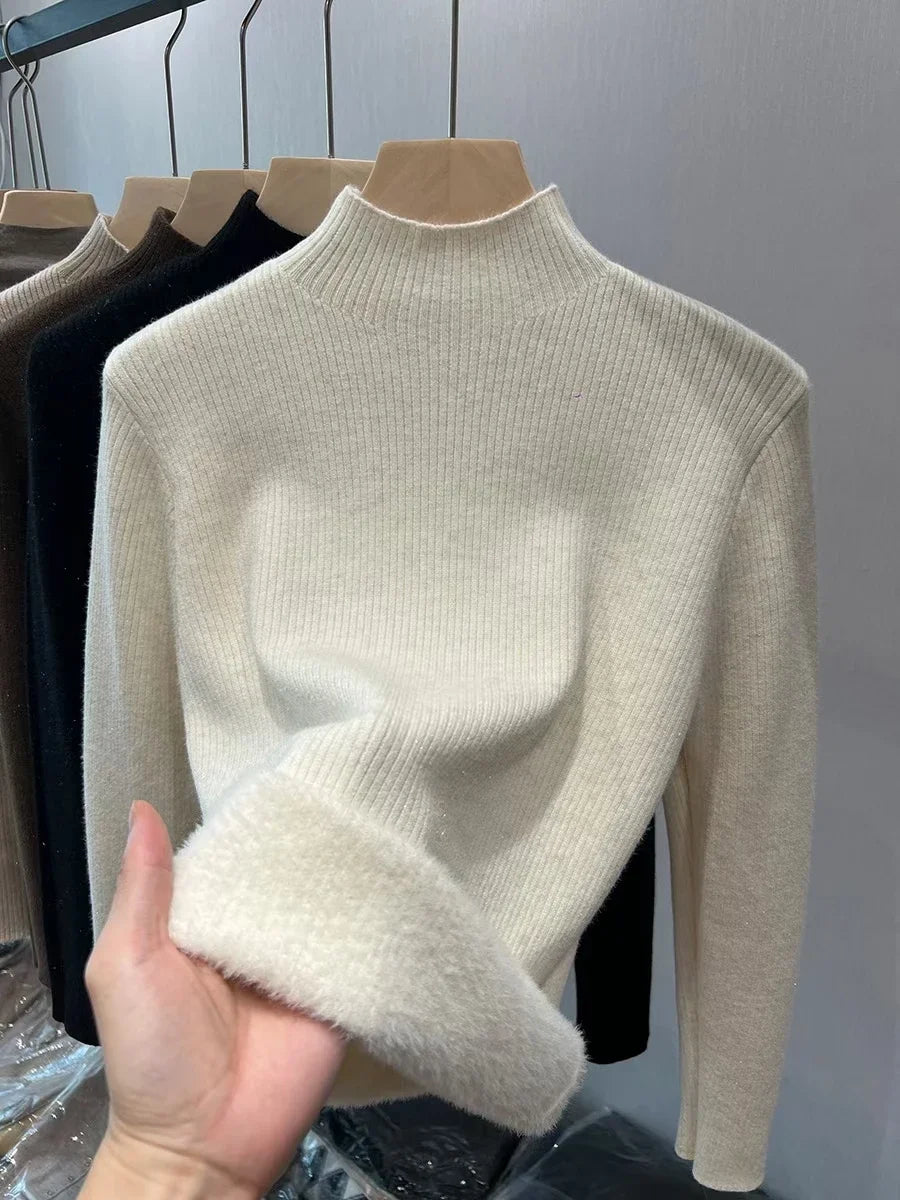 Velvet Lined Turtleneck Sweater Women Warm Slim Winter Top