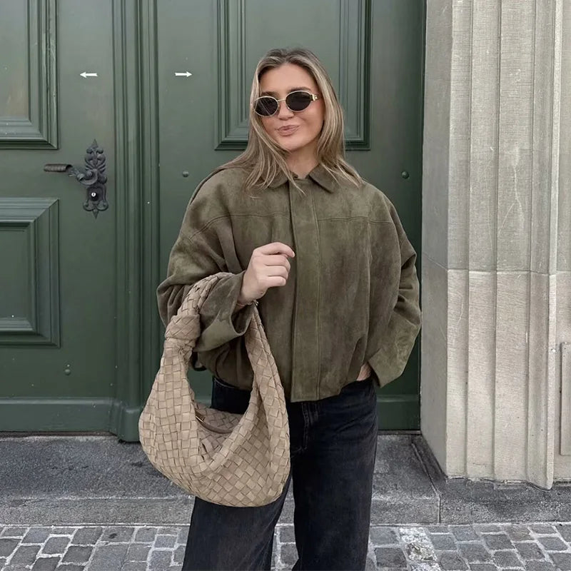 Women’s Vintage Bomber Jacket | Loose Fit Casual Zip-Up Coat