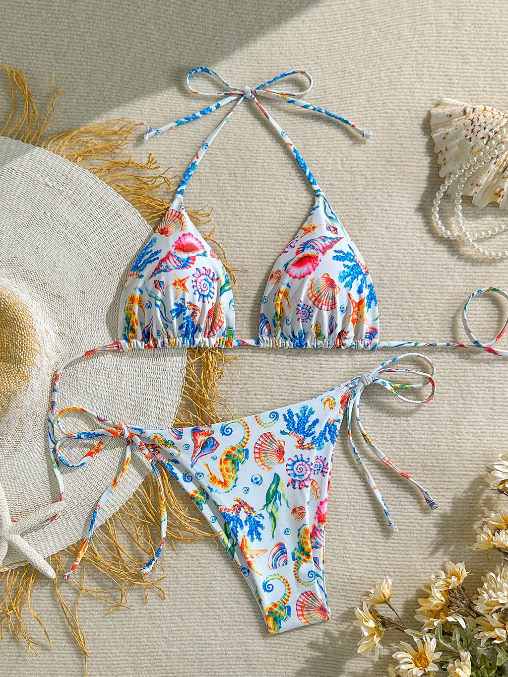 Women’s Shell Print Bikini Set – Triangle Top & Tie-Side Swimwear