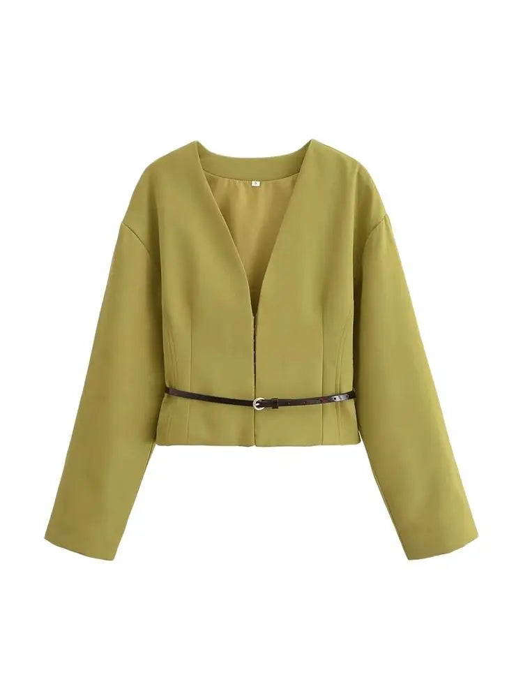 Women’s Fitted Blazer with Belt | Chic V-Neck Elegant Jacket for All Seasons