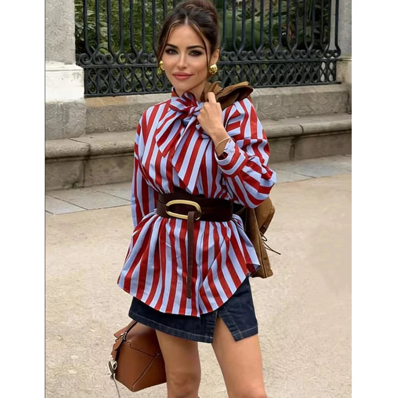 Women’s Striped Loose Blouse | Bow Detail Shirt