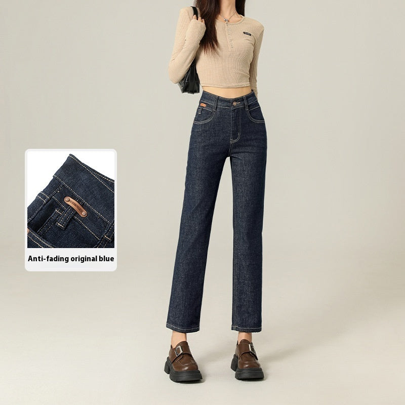 Women’s Cropped Straight Jeans – Fade-Resistant Blue Cotton Denim Casual Pants
