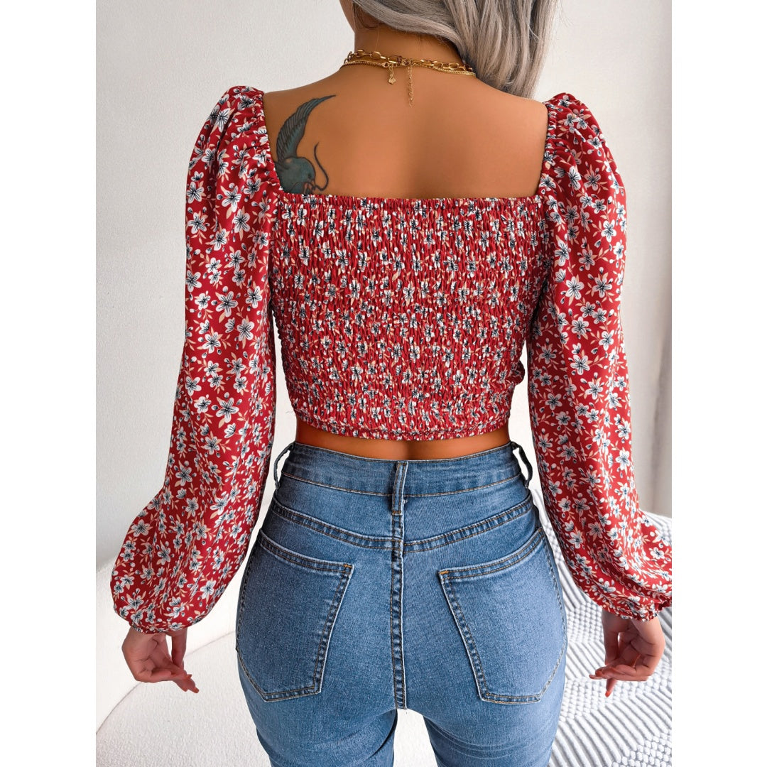 Women’s Floral Print Chiffon Crop Top – Ruffle Trim Tie Front Blouse
