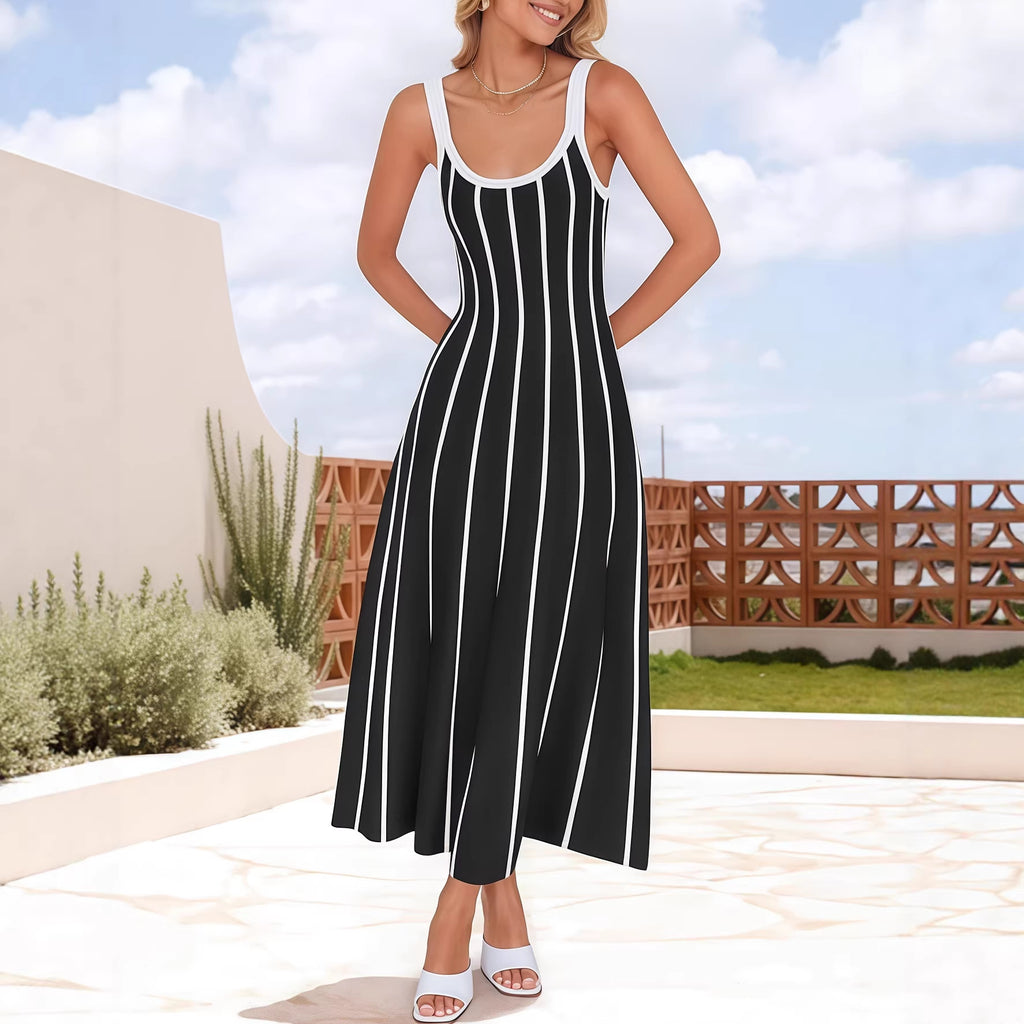 Women’s Striped Maxi Slip Dress – Sleeveless High Waist Casual Elegant Dress