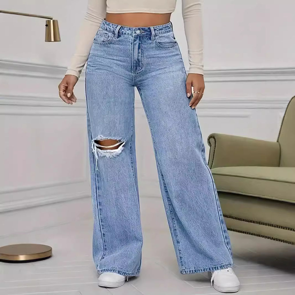 Women’s High-Waist Ripped Wide-Leg Jeans – Street Style Denim