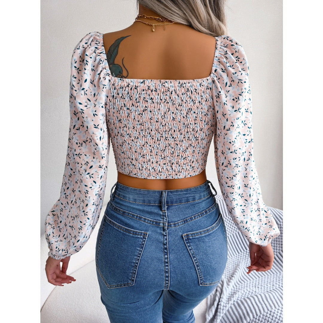 Women’s Floral Print Chiffon Crop Top – Ruffle Trim Tie Front Blouse