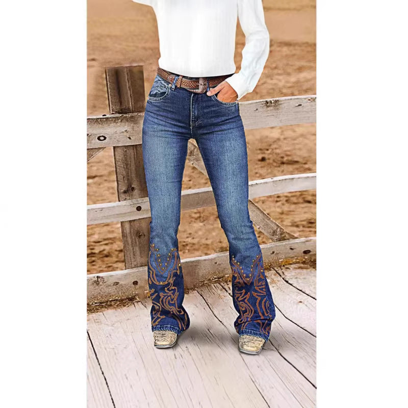 Women’s Embroidered Flared Jeans – Retro Beaded Denim