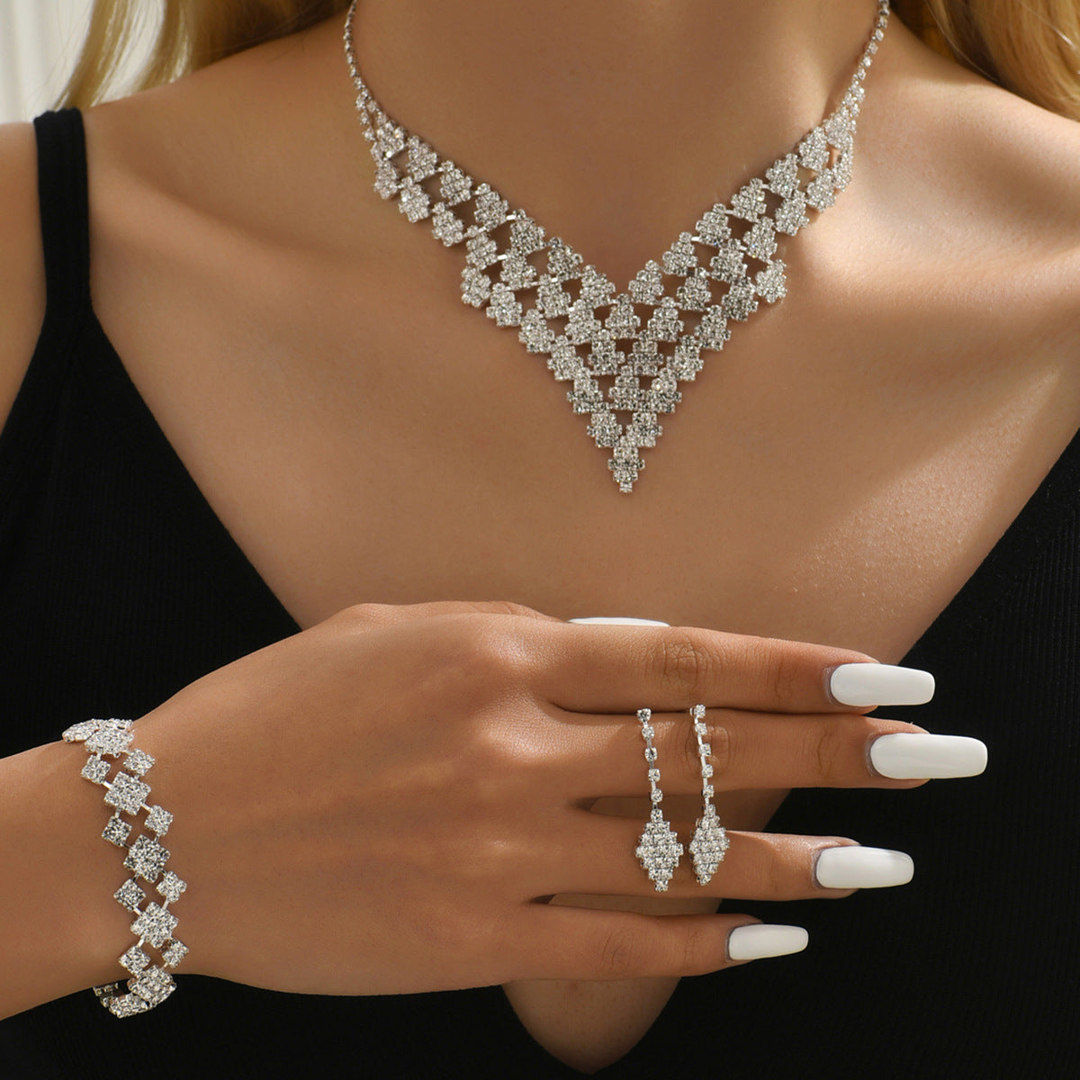 Women’s Rhinestone Jewelry Set – Diamond-Shaped Necklace Bracelet and Earrings