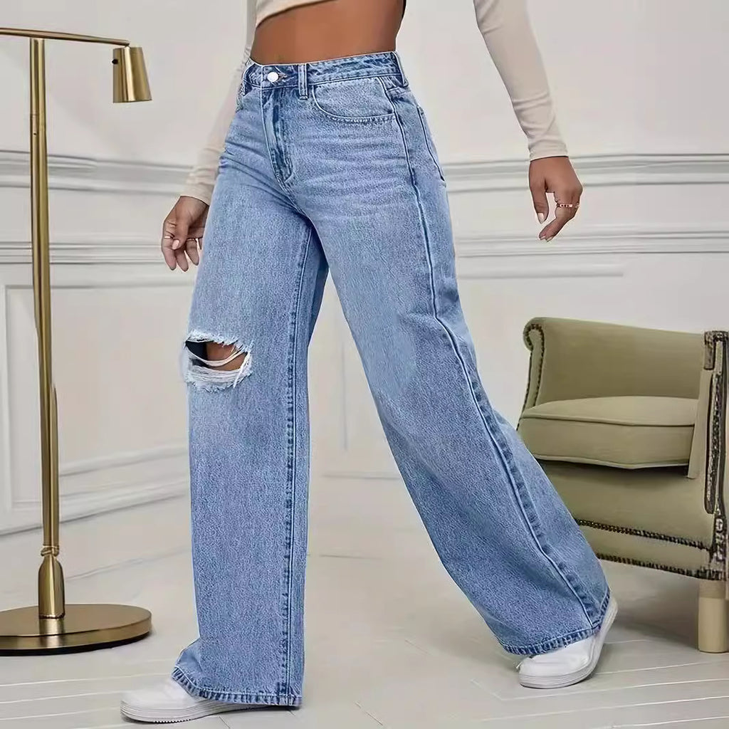 Women’s High-Waist Ripped Wide-Leg Jeans – Street Style Denim