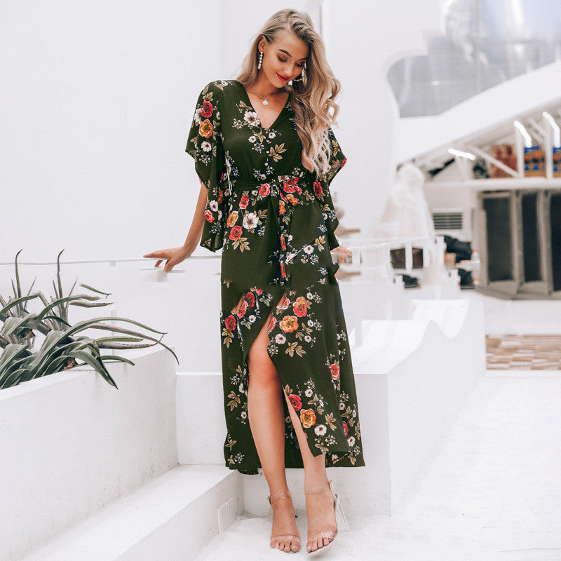 Women’s Printed Maxi Dress with Side Slit – Ruffle Detail Flowing Dress
