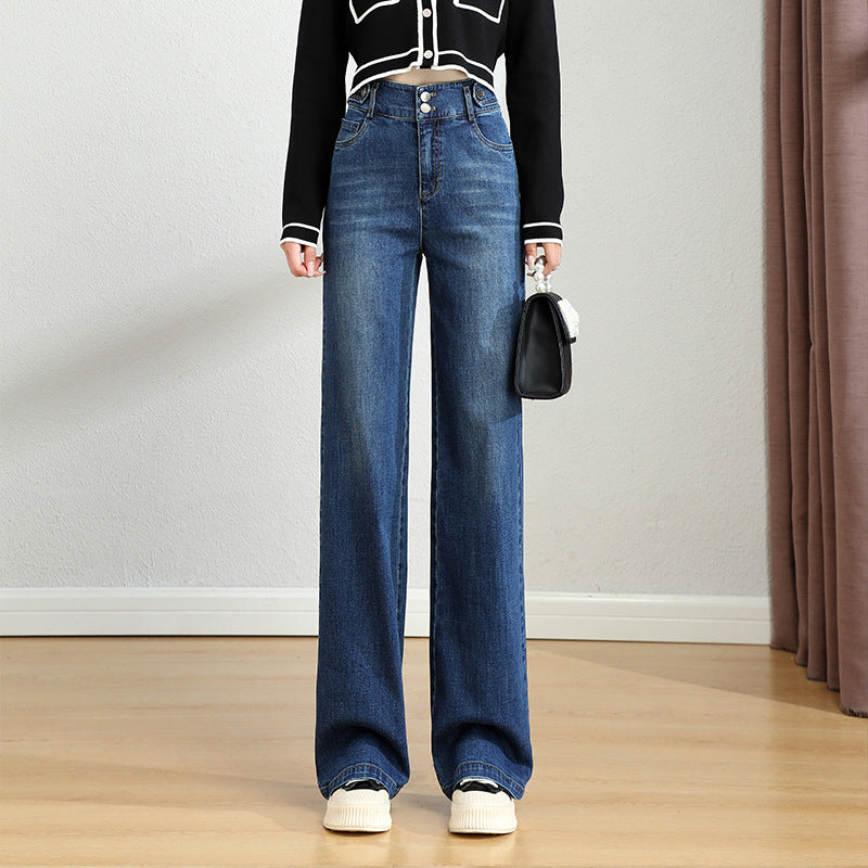 Women’s High Waist Straight Wide Leg Jeans – Stretch Slim Fit Washed Denim Pants