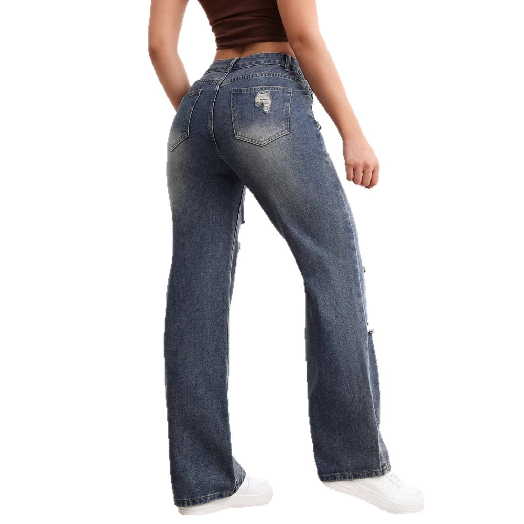 Women’s High-Waist Ripped Straight-Leg Jeans – Distressed Denim Pants for Street Style Looks
