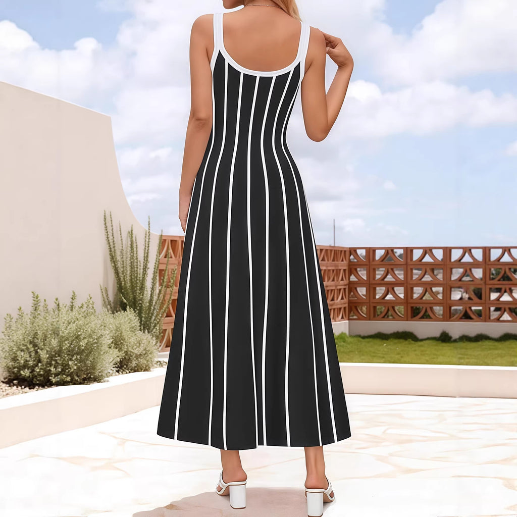 Women’s Striped Maxi Slip Dress – Sleeveless High Waist Casual Elegant Dress