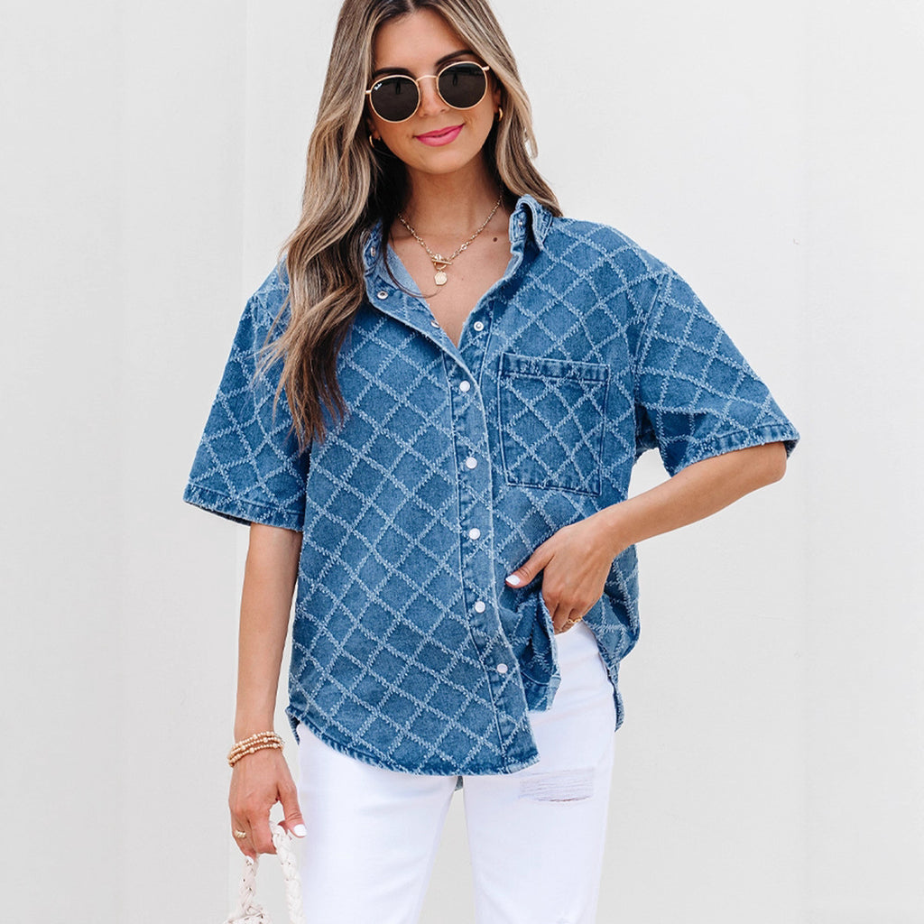 New Plaid Printed Denim Shirt For Women