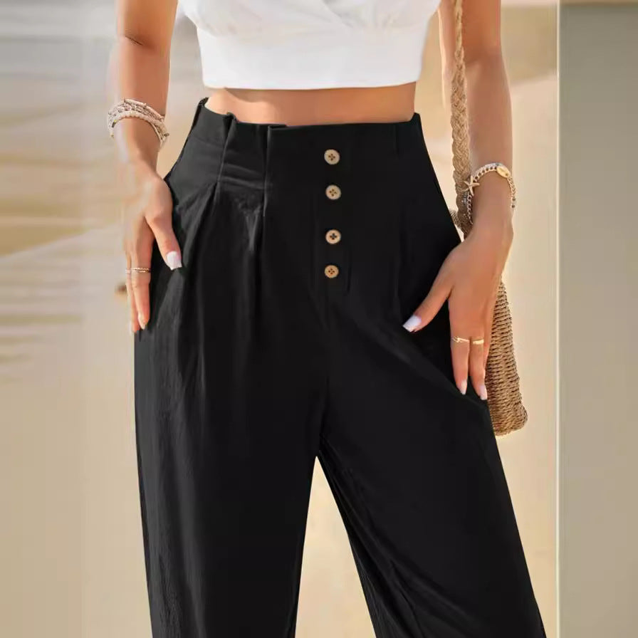 Women’s High Waist Cotton Linen Trousers – Casual Straight Leg Pants