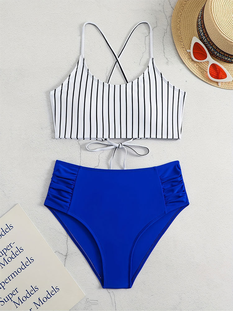 Women’s Striped Bikini Set – Split Two-Piece Sleeveless Swimwear