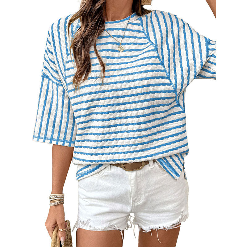 Women’s Striped Crew-Neck Loose Fit Three-Quarter Sleeve T-Shirt