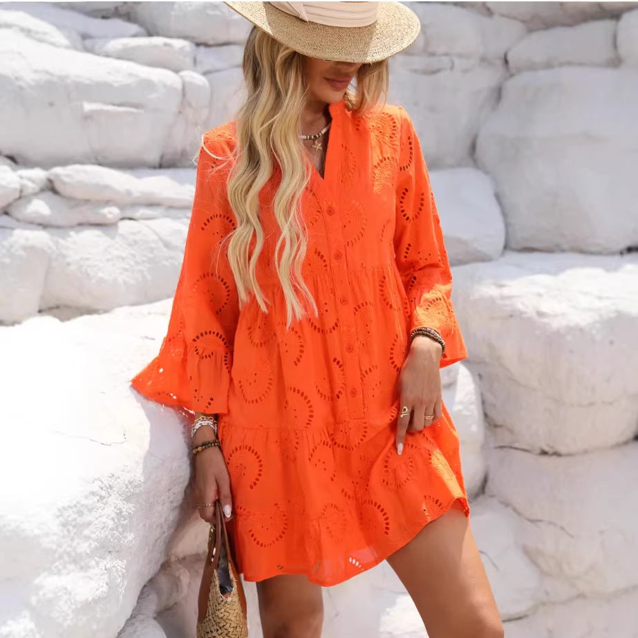 Women’s Hollow-Out Mini Dress – Asymmetrical Loose Casual Elegant Dress