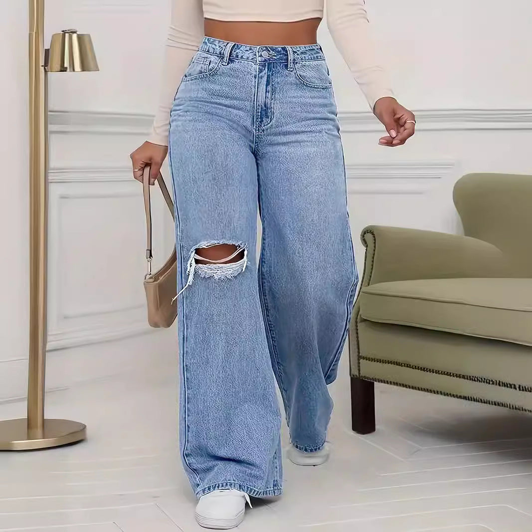 Women’s High-Waist Ripped Wide-Leg Jeans – Street Style Denim