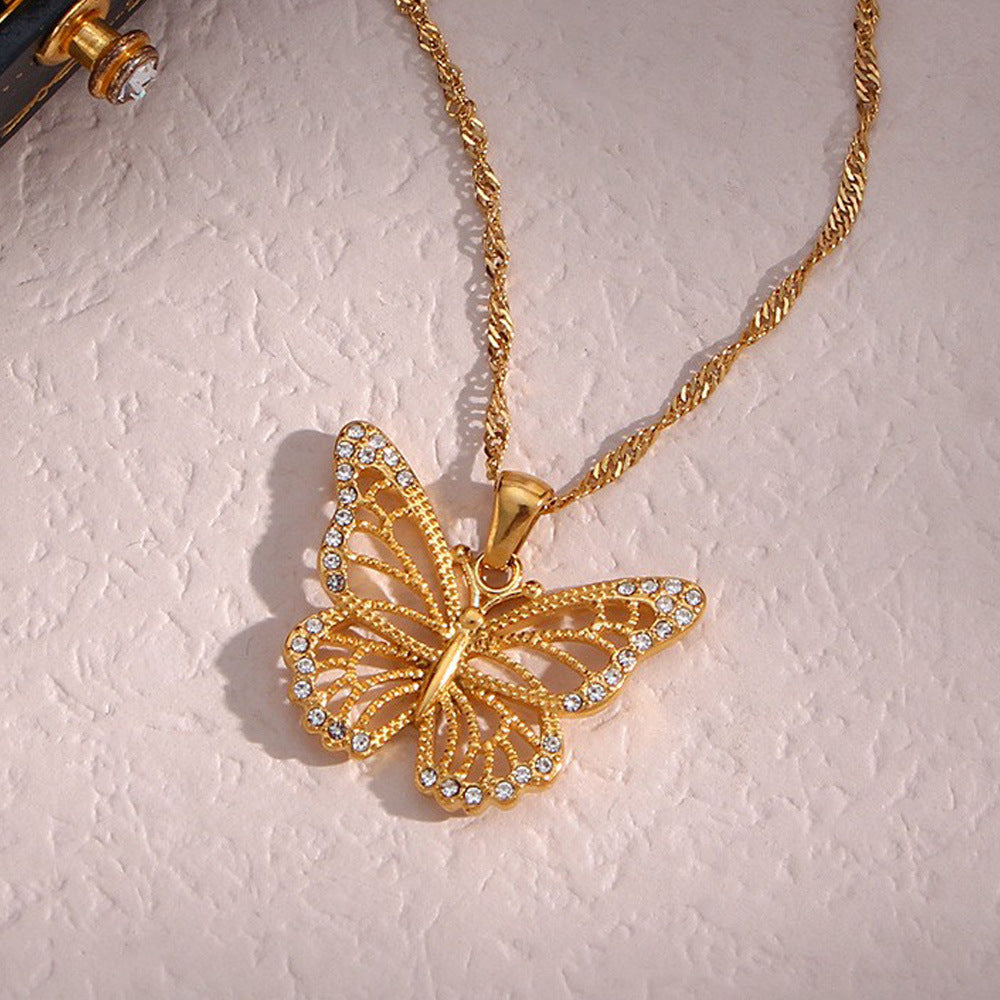 Butterfly Zircon Pendant Necklace – Gold Plated Stainless Steel Women's Jewelry