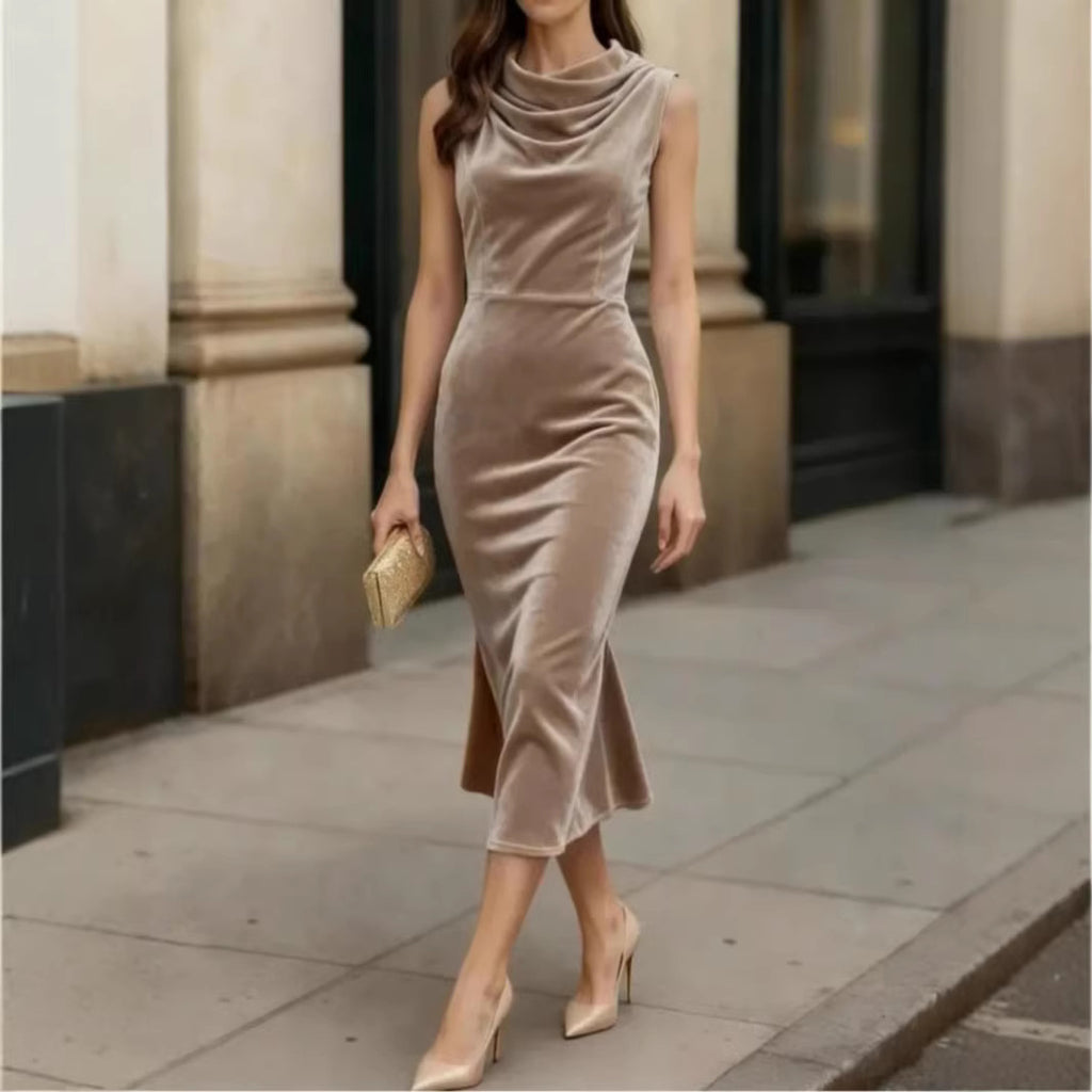 Sleeveless Velvet Knit Bodycon Midi Dress for Women – Slim Fit Elegant Khaki Dress