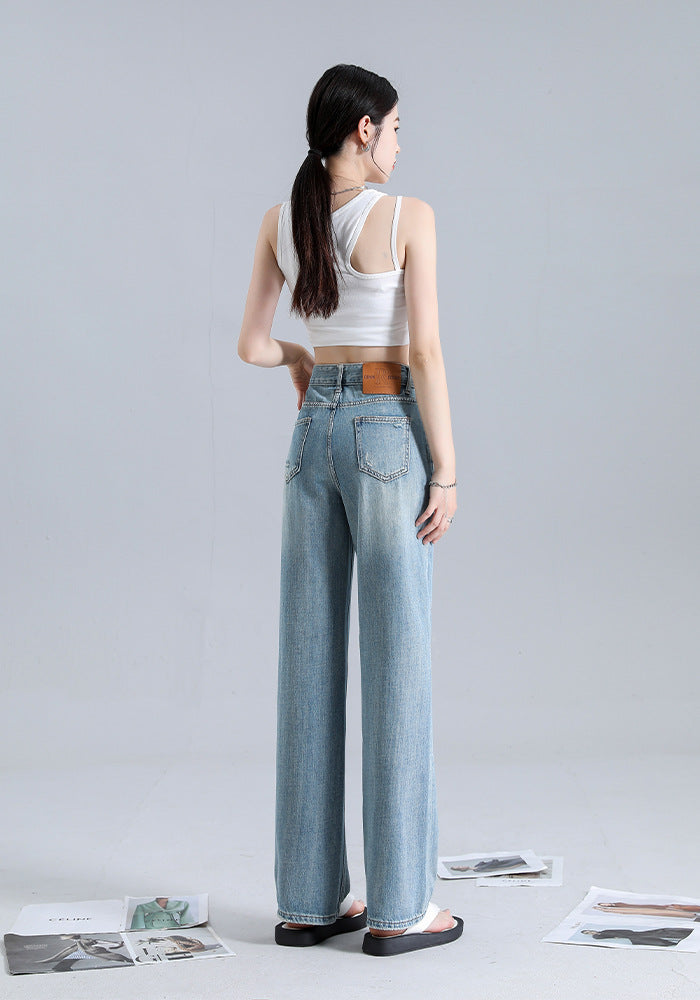 Women’s Irregular Straight Jeans – High Waist Blue Cotton Denim Fashion Pants