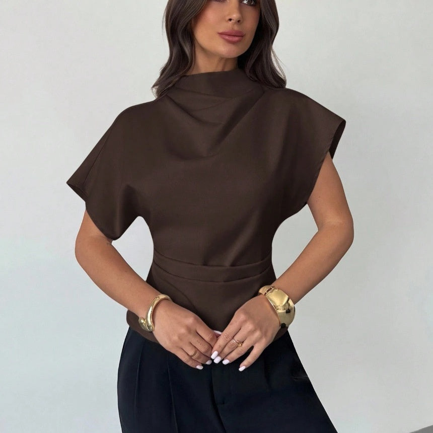 Women’s Asymmetrical Blouse – Slim Fit Pleated Short Sleeve Top