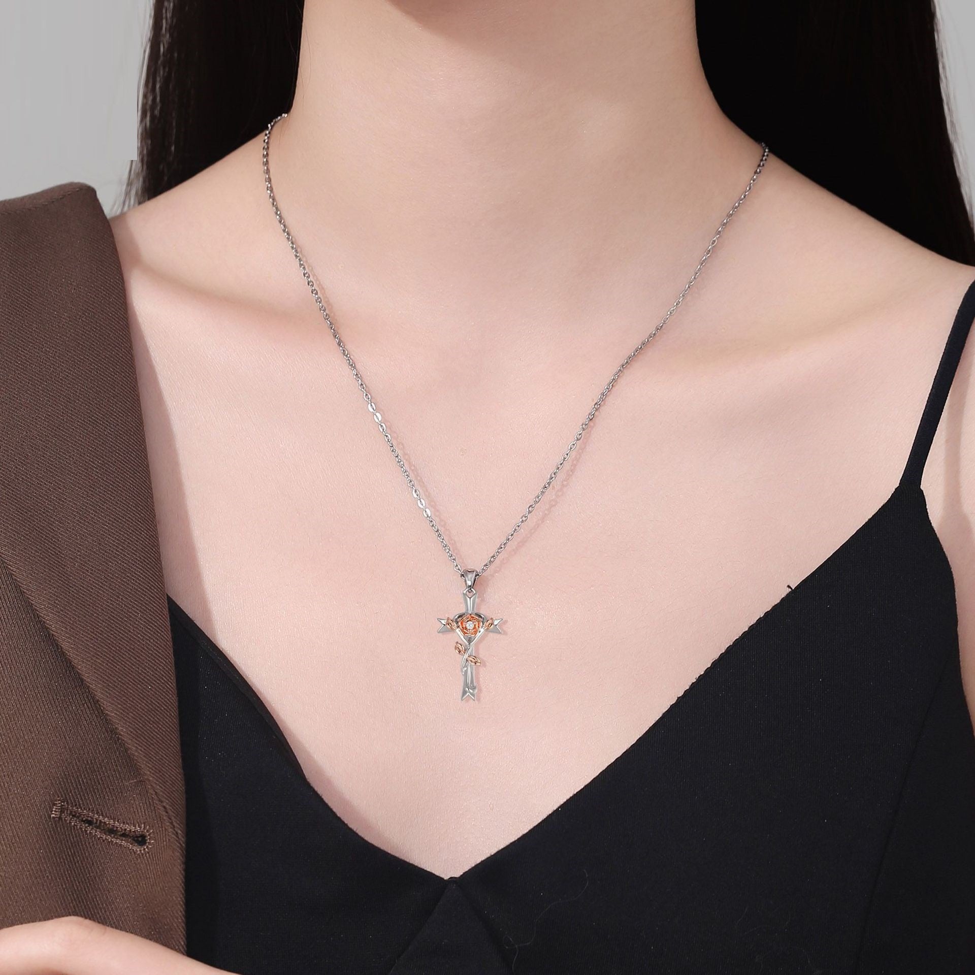 Rose Gold Cross Necklace for Women – Elegant Geometric Pendant Jewelry