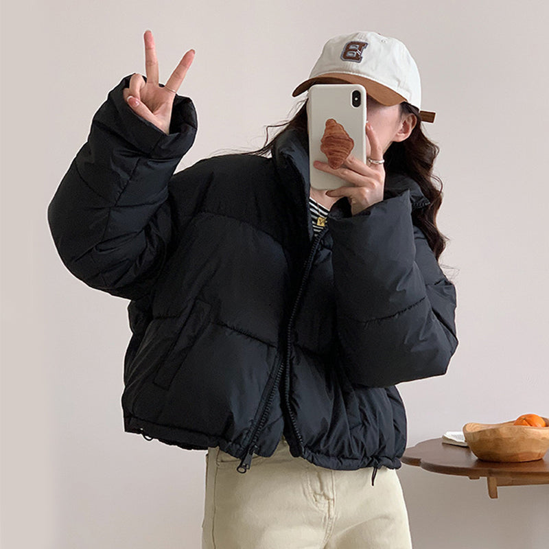 Women’s Cropped Puffer Jacket – Stand Collar Slim Fit Coat