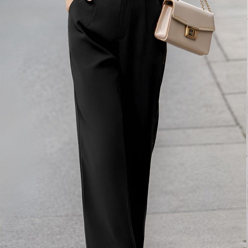 Women’s Tailored Suit Pants – Elegant Patchwork Trousers with Pockets for Smart Casual Style