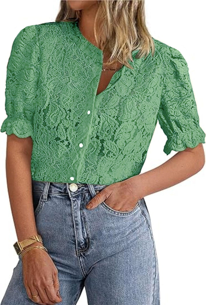 Women’s Elegant Lace Cardigan Shirt – Solid Color
