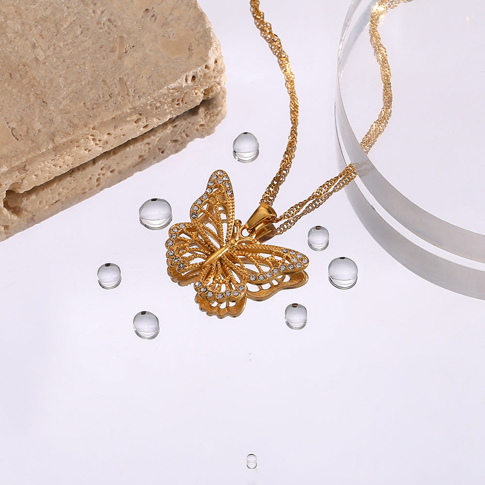 Butterfly Zircon Pendant Necklace – Gold Plated Stainless Steel Women's Jewelry
