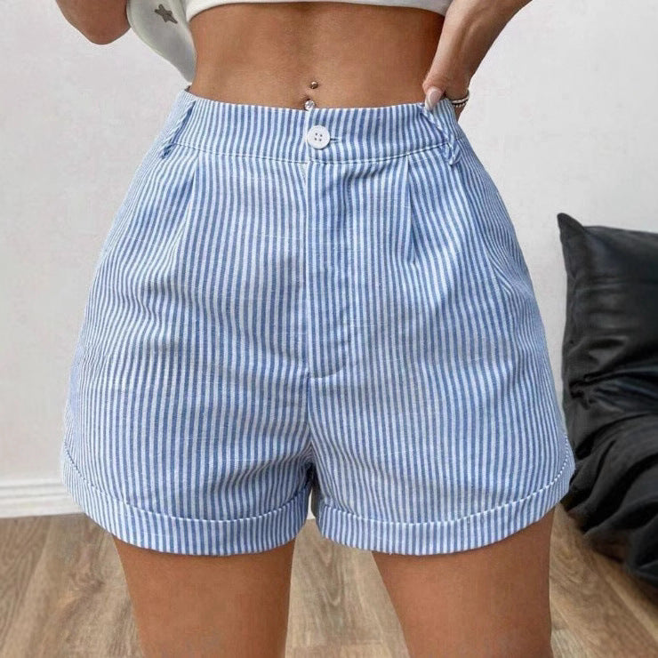 Women’s Striped Pocket Shorts – Low-Waist Casual Style