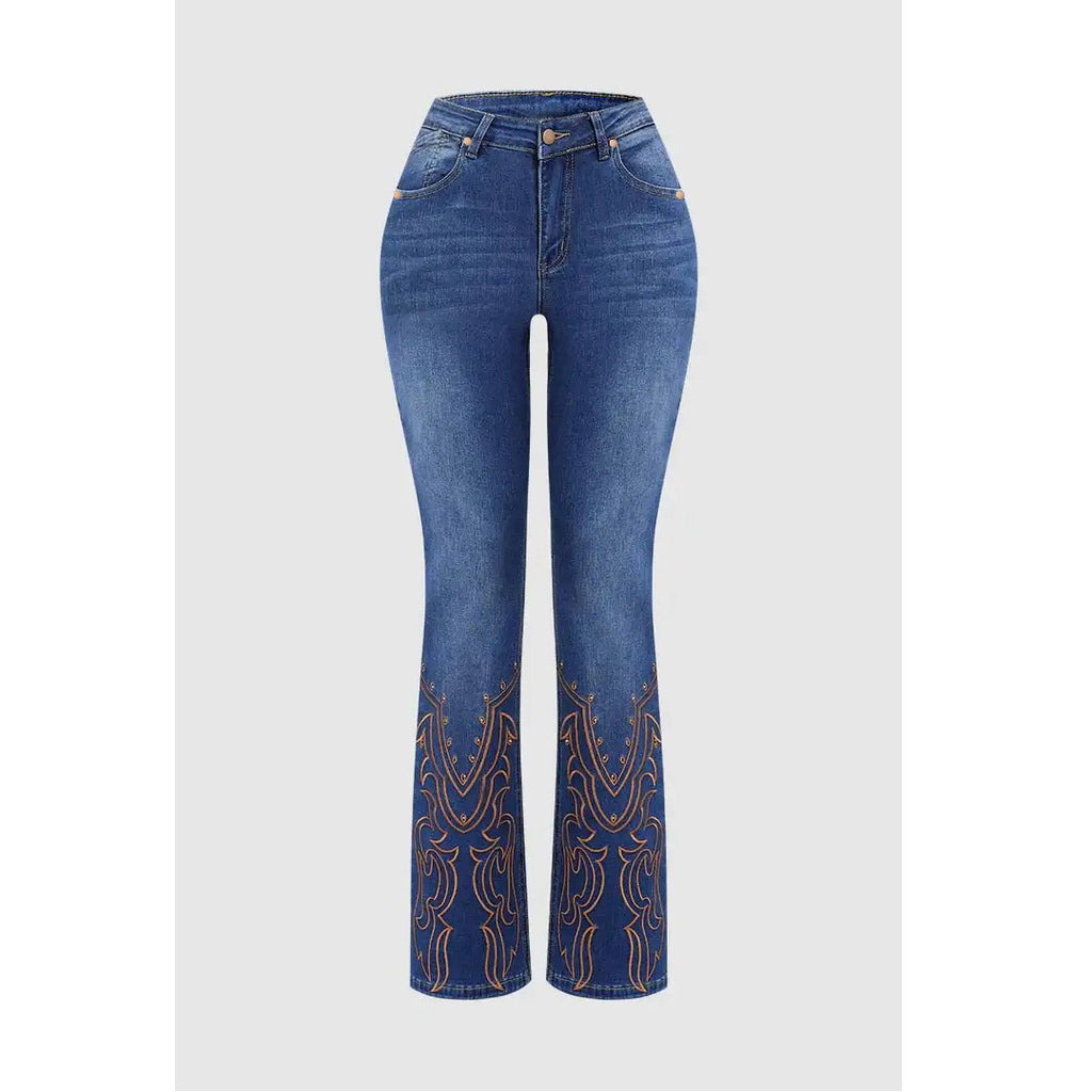 Women’s Embroidered Flared Jeans – Retro Beaded Denim