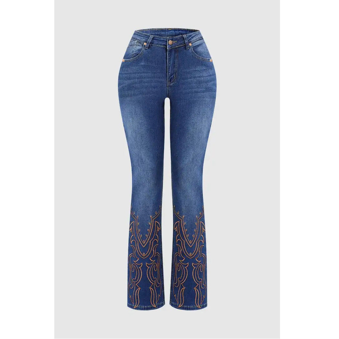 Women’s Embroidered Flared Jeans – Retro Beaded Denim