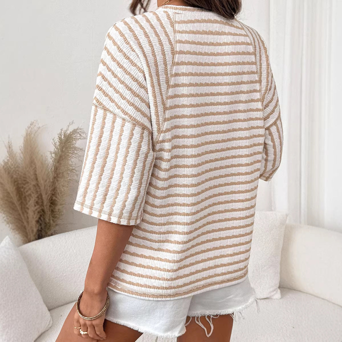 Women’s Striped Crew-Neck Loose Fit Three-Quarter Sleeve T-Shirt