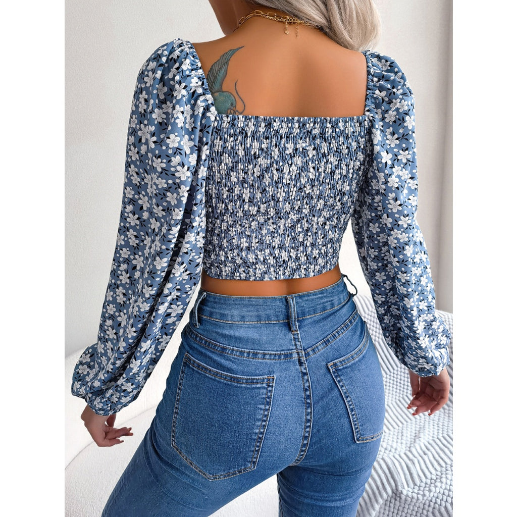 Women’s Floral Print Chiffon Crop Top – Ruffle Trim Tie Front Blouse