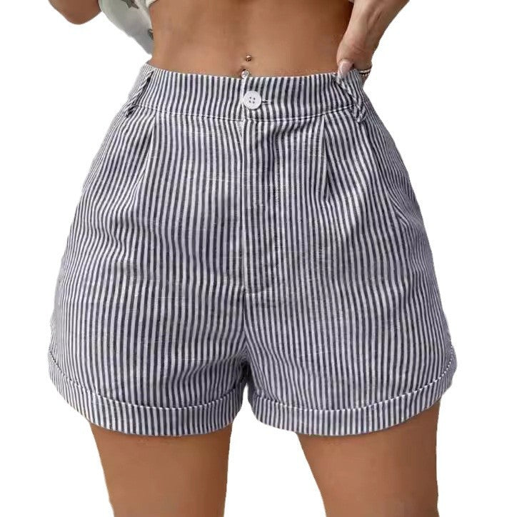 Women’s Striped Pocket Shorts – Low-Waist Casual Style