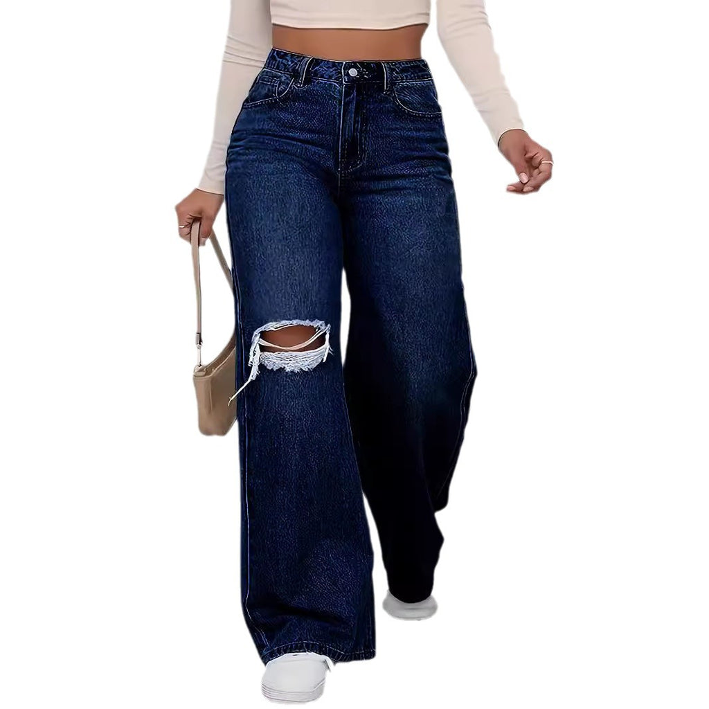 Women’s High-Waist Ripped Wide-Leg Jeans – Street Style Denim