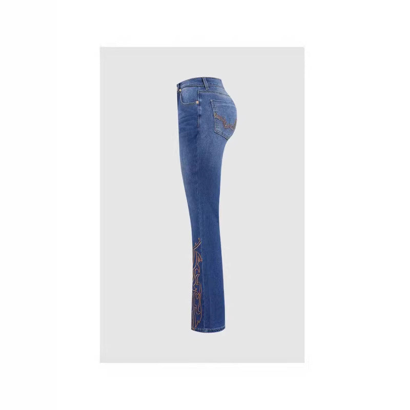 Women’s Embroidered Flared Jeans – Retro Beaded Denim