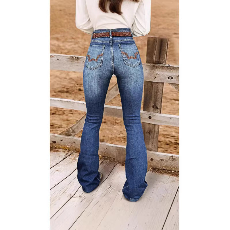 Women’s Embroidered Flared Jeans – Retro Beaded Denim