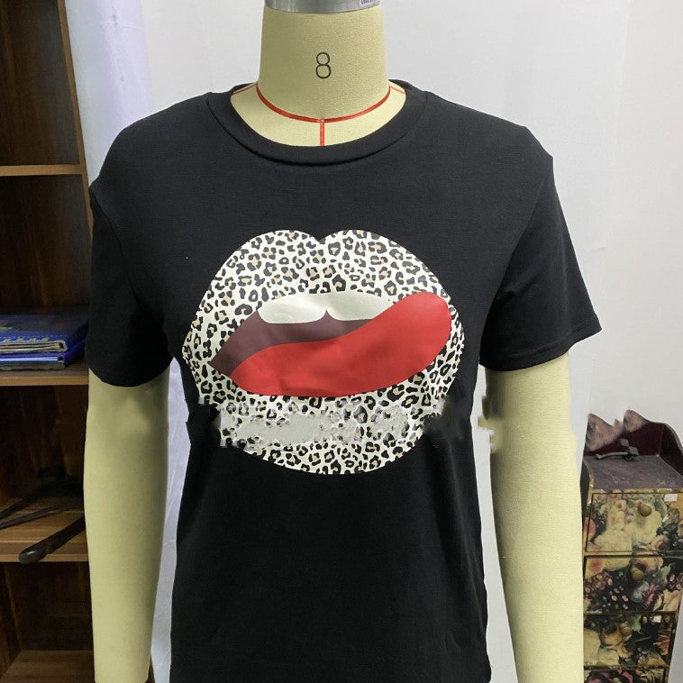 Women’s Leopard Print Lips T-Shirt – Casual Loose Fit Graphic Tee