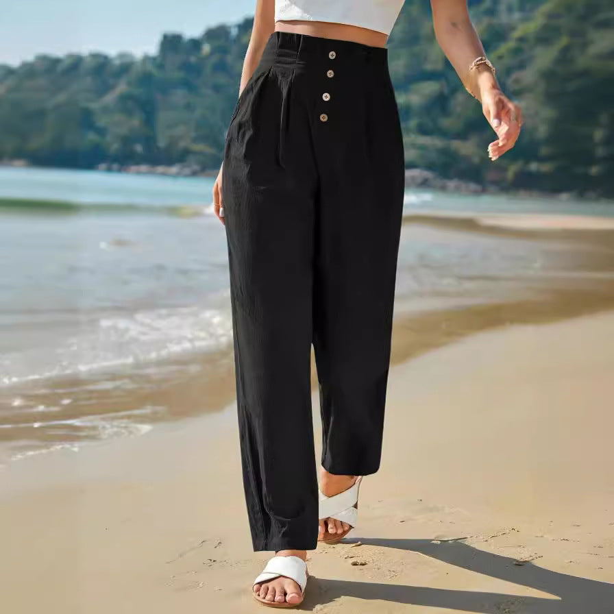 Women’s High Waist Cotton Linen Trousers – Casual Straight Leg Pants