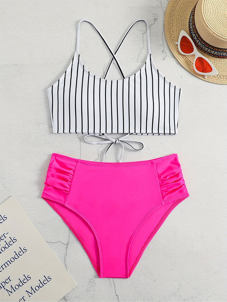 Women’s Striped Bikini Set – Split Two-Piece Sleeveless Swimwear
