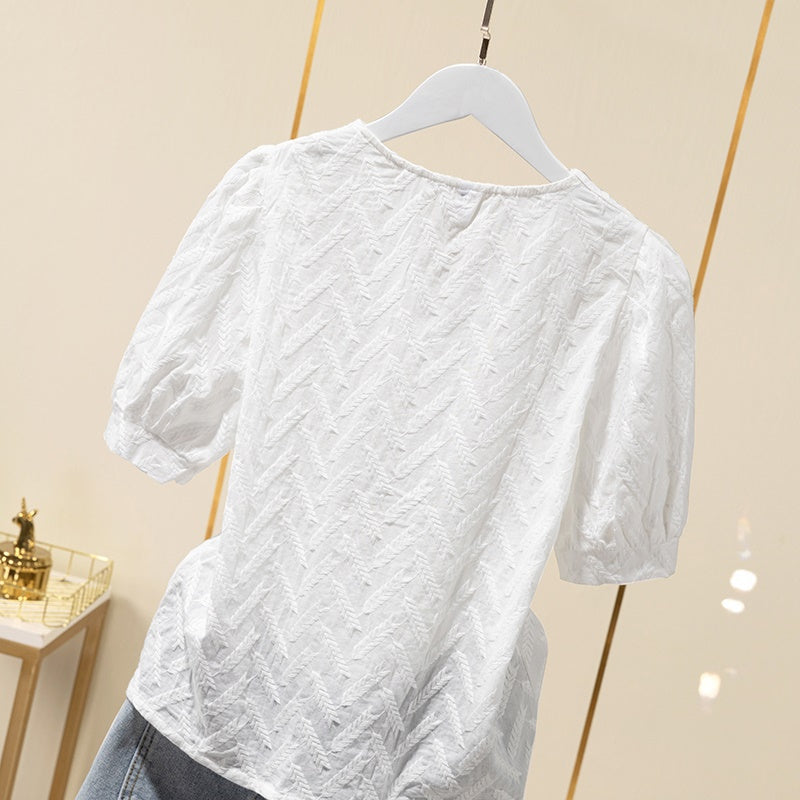 Women’s Cotton Puff Sleeve Shirt – Embroidered White Korean Style Blouse