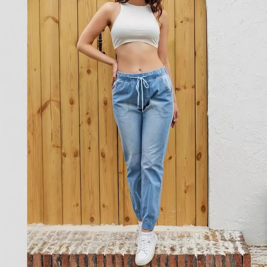 Women’s Elastic Waist Skinny Jeans – Light Blue High Stretch Casual Denim Pants